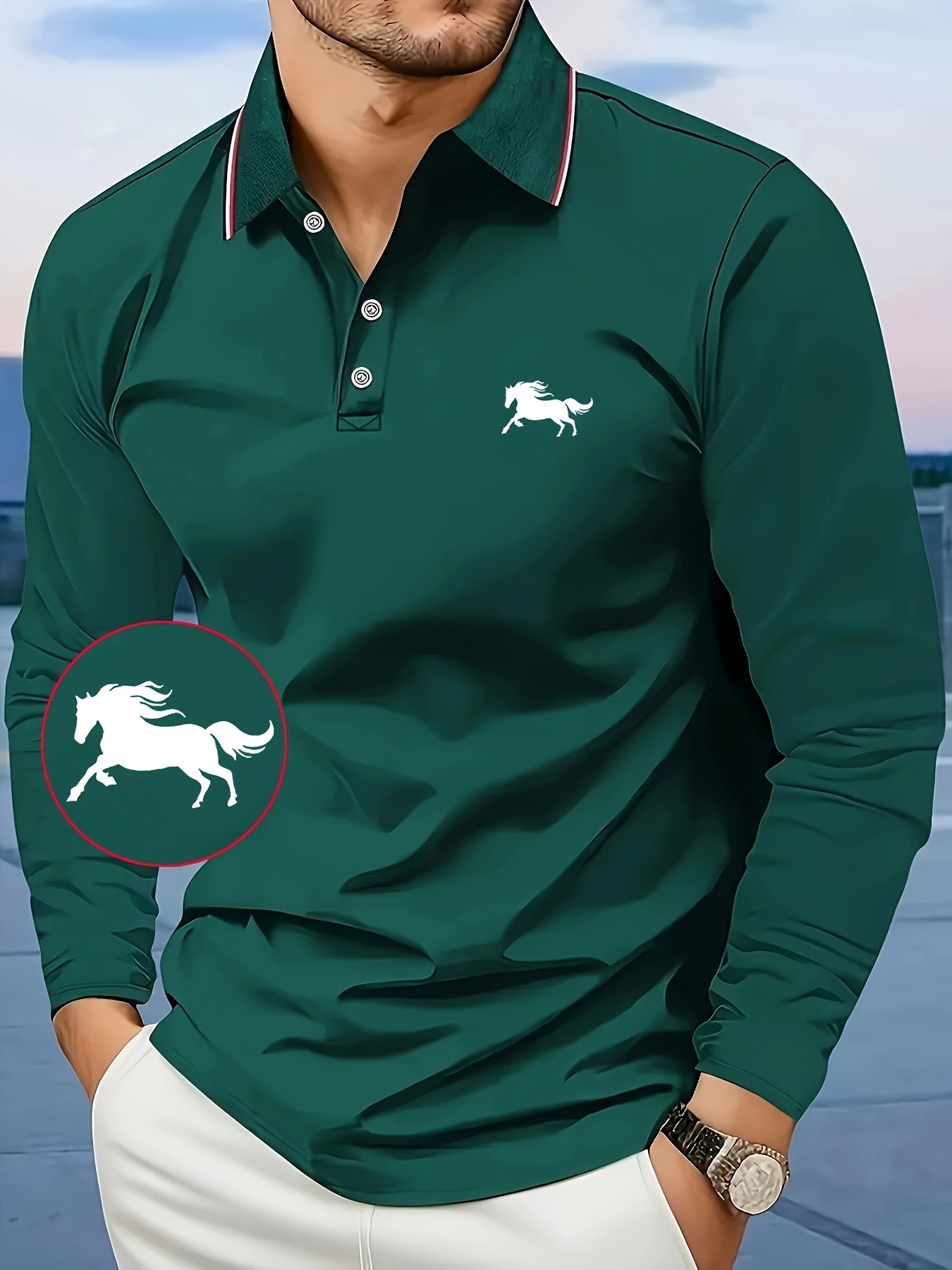Designer Men's new spring collection: classic long sleeved polo shirt with a stylish and minimalist geometric horse print design contrastin 98