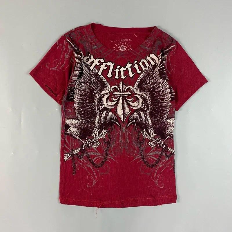 90s Affliction Retro Red T Shirt Men Style Streetwear Tee Gothic Skull Cross Print Trendy Graphic T Shirts American Fashion Tops