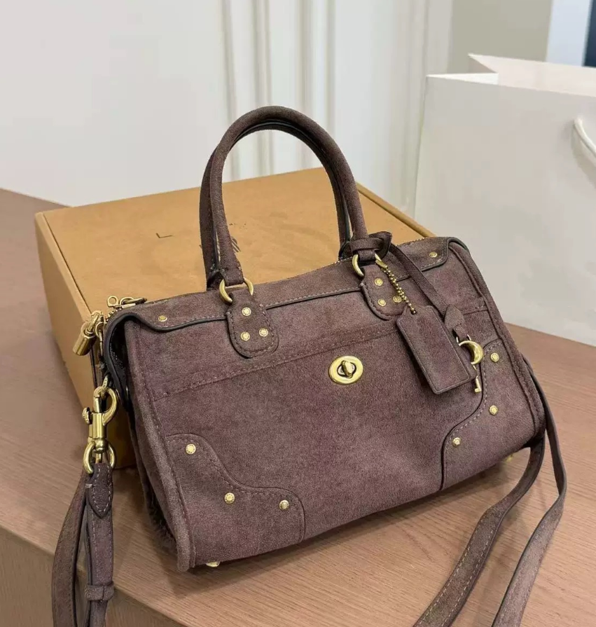 24CM Women Vintage Suede Satchel Handbag, Retro Rivet Design Top Handle Bag with Detachable Crossbody Strap, Ladies Multi-purpose Shoulder Purse CFN