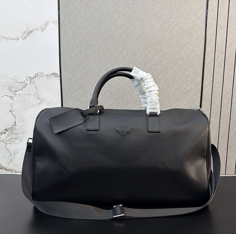 Designer Unisex Black Nylon Cylinder Duffle Travel Bag Large Capacity Gym Sports Handbag Detachable Adjustable Crossbody Strap Weekend Overnight Lug