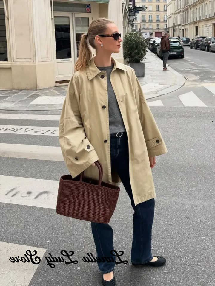 Coat Trench Women's In Long Khaki With Single-breasted Lapel Side Slits Fashionable Loose Fit Slimming 2026 Autumn New Coats D260909
