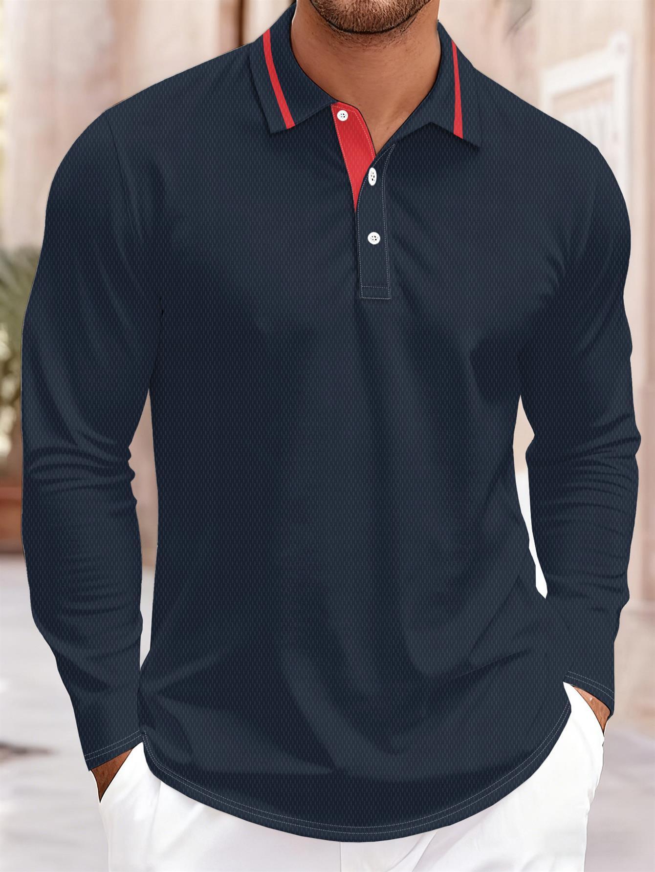 Designer Men's Casual Long Sleeve Polo Shirt Navy Blue Red Collar Decoration Leather Buckle Slim Fit Fashionable Classic Solid Color Daily Wear