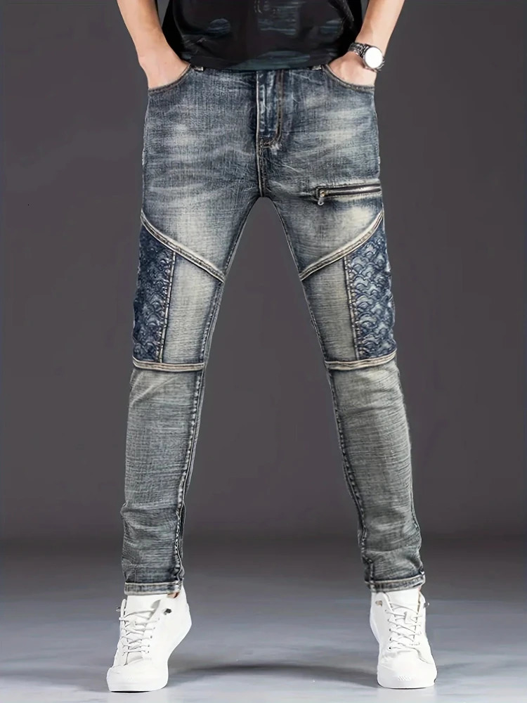Pantaloni da motociclista da uomo streetwear stretch nostalgici moda casual pantaloni in denim slim dritti patchwork pantaloni da cowboy lavati 2609