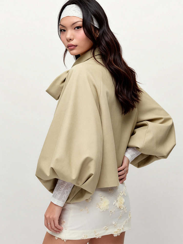 Cape Women Bow Tie Neck Lantern Puff Sleeve Open Front Cropped Outerwear Trendy Autumn Elegant Vintage Loose Trench Coat D260909