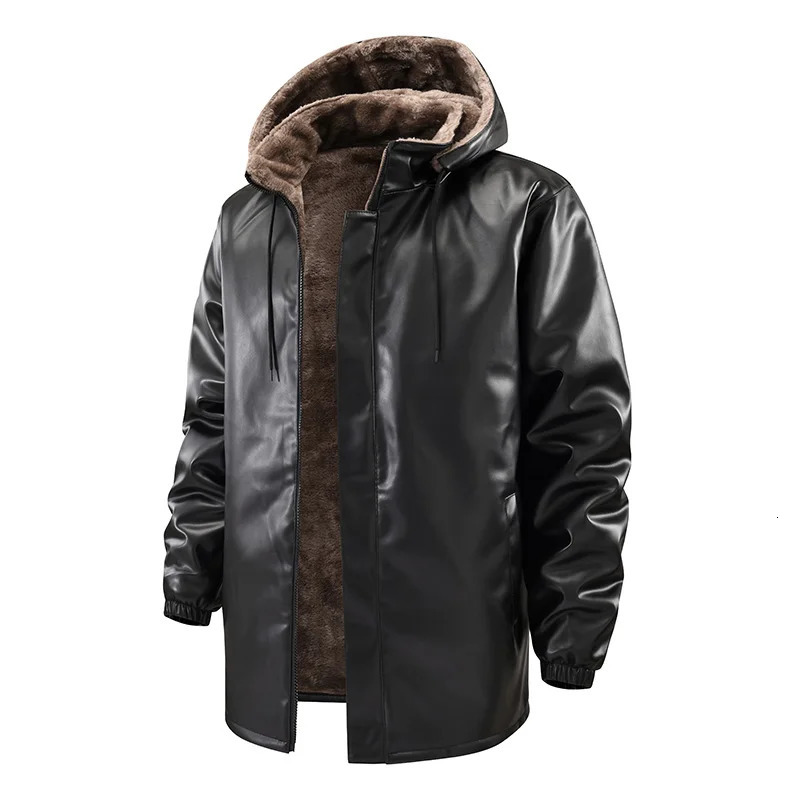 Men Solid Midlength Leather Coat Business Casual Hooded Outerwear Versatile Warm Elderly Male Winter Cold Proof Jackets 260902