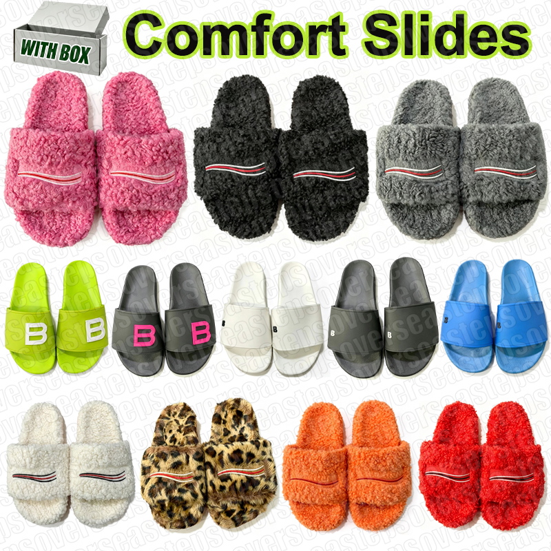 free shipping with box fashionable designer fur slides womens mens slides outdoor indoor winter warm slippers black pink red blue
