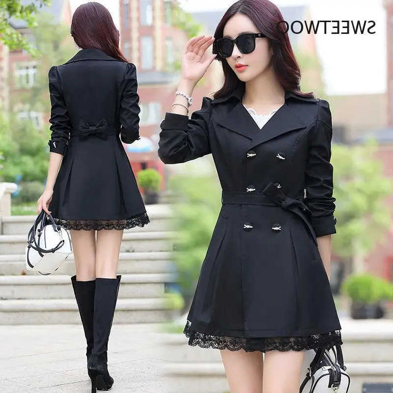 Spring Trench Coat for 2024 Women Streetwear Turn-Down Collar Double Breasted Black Coats Female 3Xl Women Clothes D260909