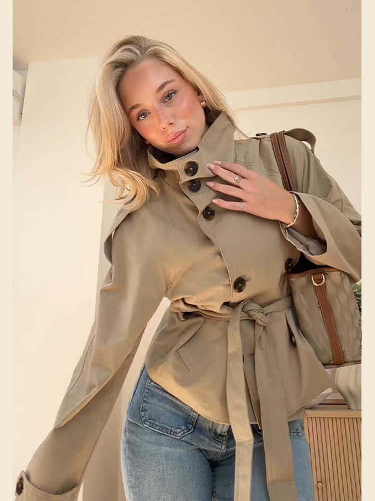 Collar Double Breasted Long Stand Sleeve Short Women Vintage Lace Up Patchwork Button Packets Coats New Autumn Ladies Top D260909