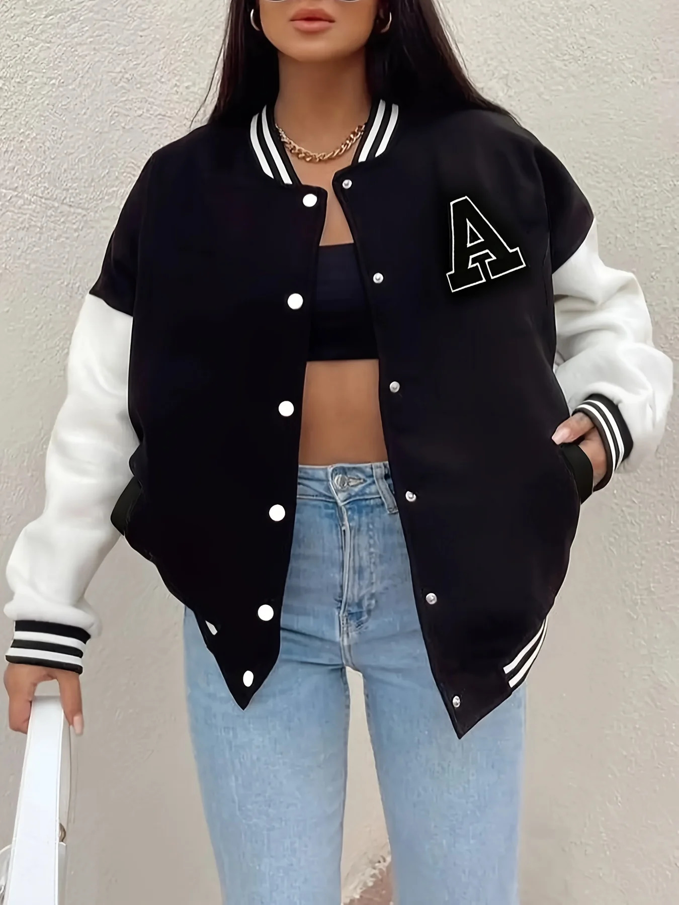 Fashionable Women's Simple A-line Baseball Uniform with Black and White Color Blocks for Daily Wear Autumn and Winter Jackets 260909