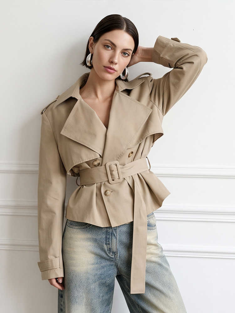 Waistband Fashion Khaki Large Lapel Short Windbreaker Trendy Double Breasted Cinched Coat Simple Spring Autumn Daily Wear 2026 D260909