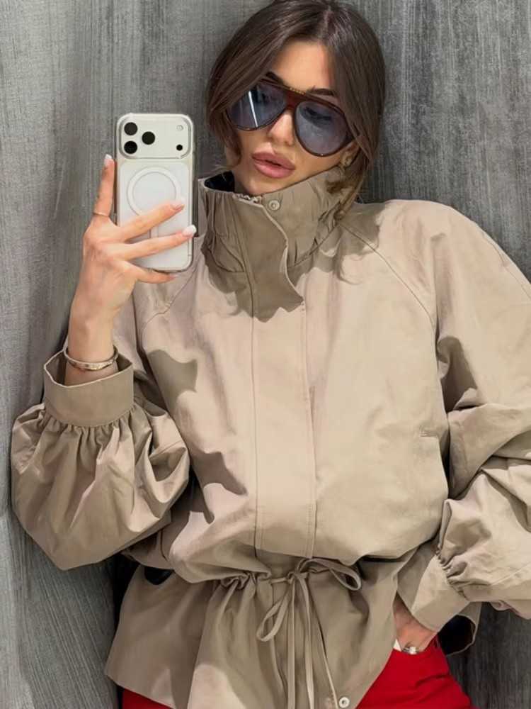 Color Short Zipper Solid Windproof Chic Contrasting Color Lining Loose Casual Coat 2026 Autumn Daily Clothing D260909
