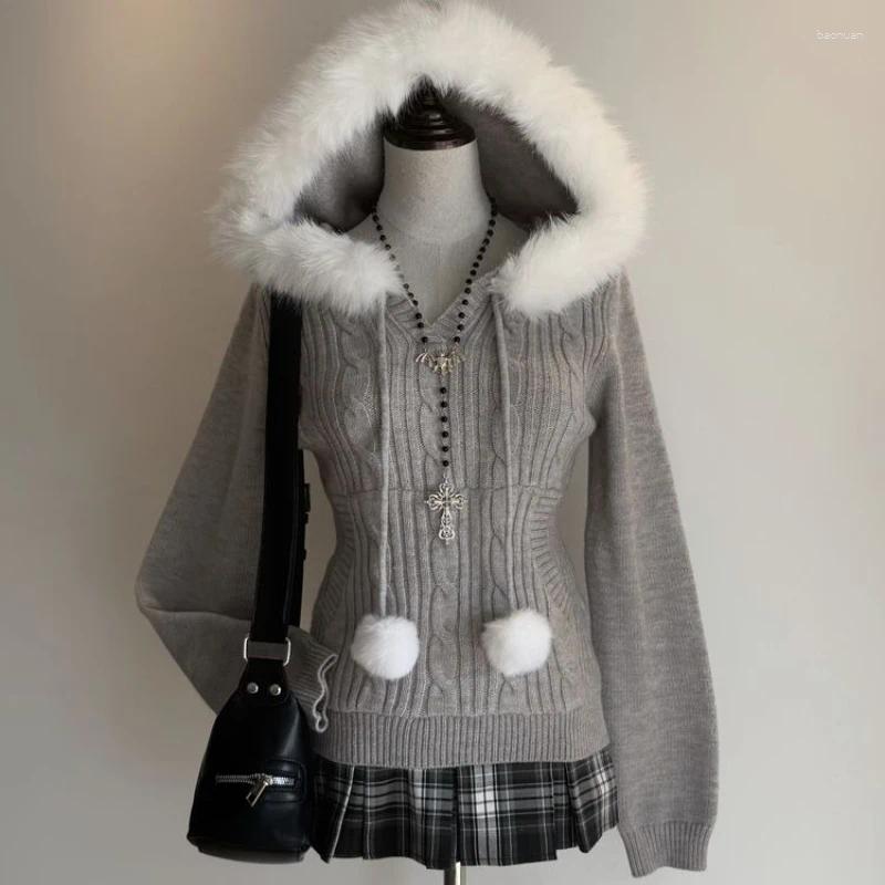 Women's Sweaters Autumn Winter Japanese Plush Patchwork Hooded Sweater Women Vintage Sweet Threaded Knitted Pullovers Girl Harajuku Y2k Slim 18