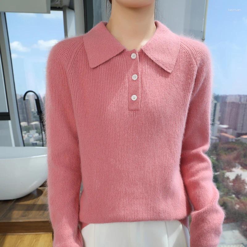 Women's Sweaters Mink Cashmere Pullover Polo Collar Buttoned Sweater Autumn Winter Long Sleeve Knitwear Soft Warm Chic Clothings 5a