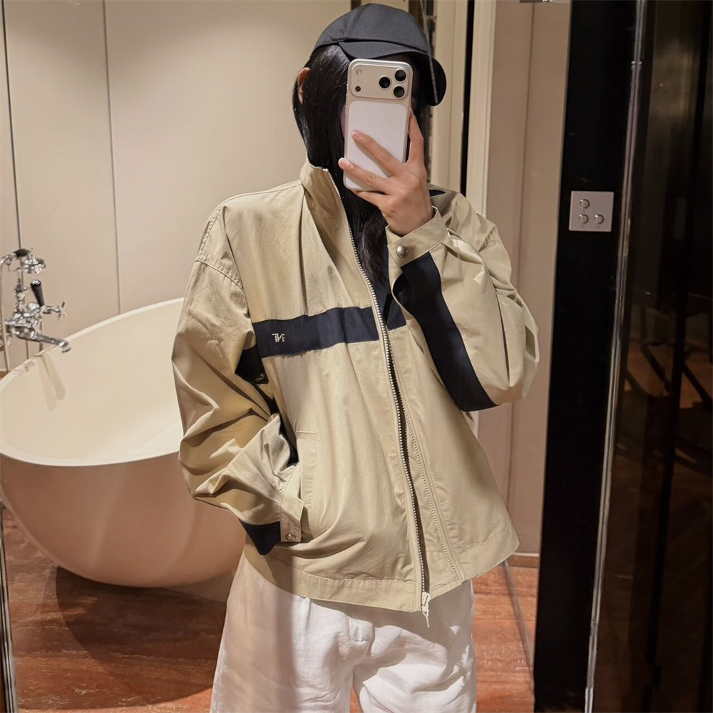 ZTIN Autumn Winter Contrast Horizontal Spliced Windbreaker Women Loose Versatile Stand Collar Cardigan Outdoor Casual Windproof Jacket