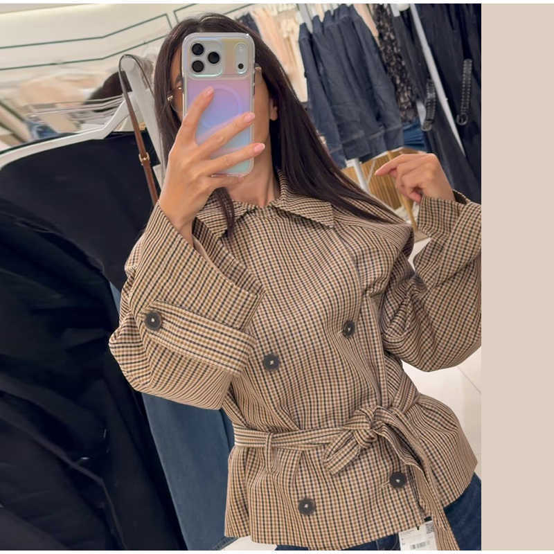 Coat Checkered Collar Long Women's Sleeved Waist Tied Double Breasted Casual Comfortable 2026 Autumn Street Daily Wear D260909