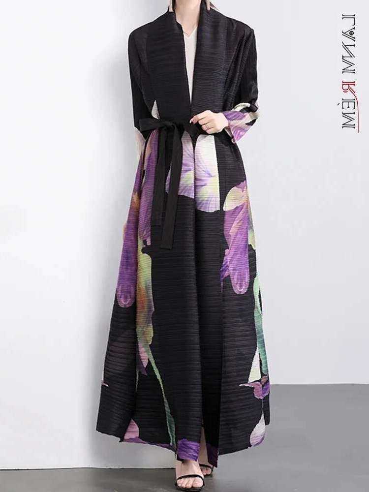 Long Pleated Thin Windbreaker LANMREM For Women Flower Black Color Female Belt Trench Coat 2025 Spring New 2DA8112 D260909