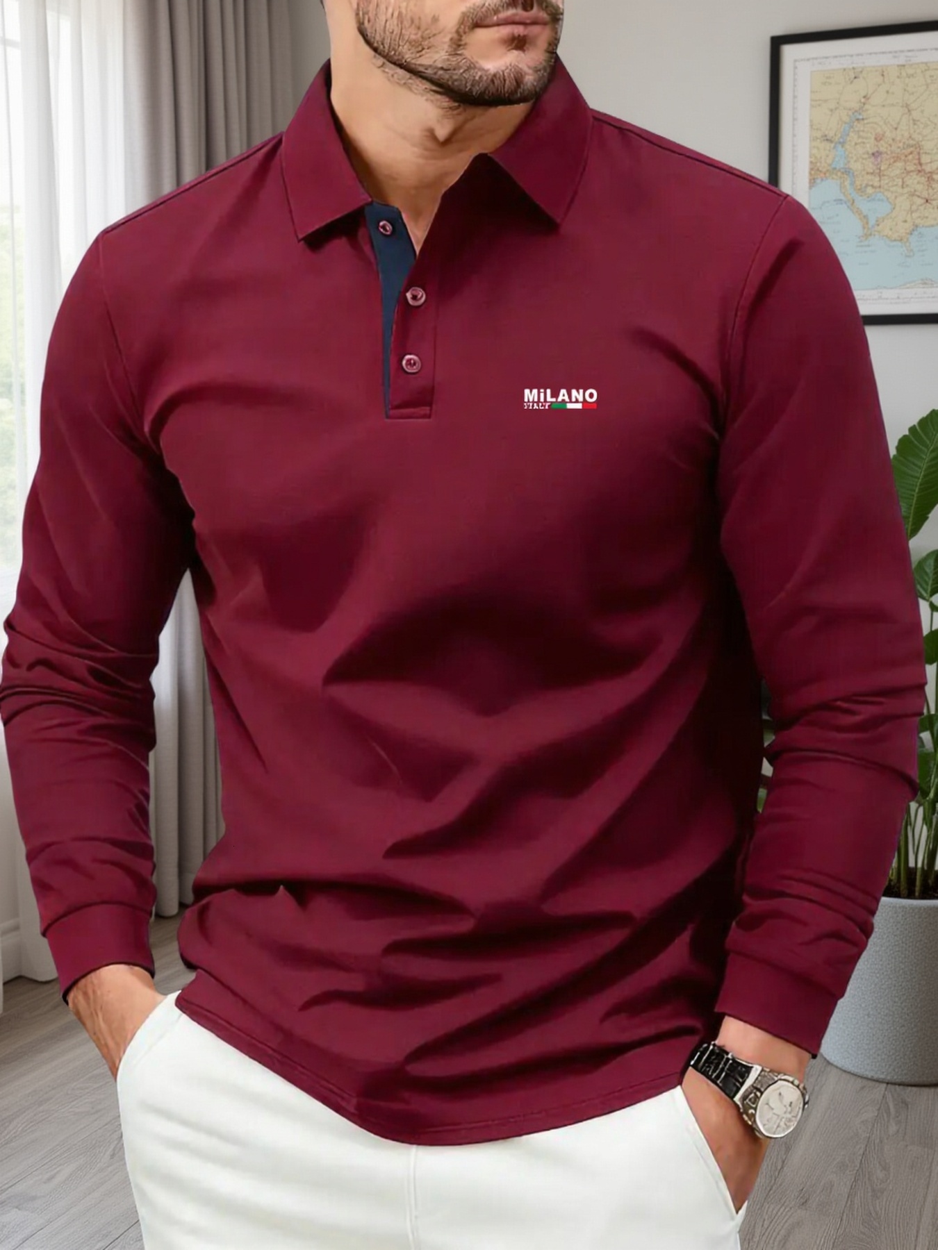 Designer Men's high end long sleeve featuring a letter color block pattern print This stylish and comfortable polo shirt is perfect 21