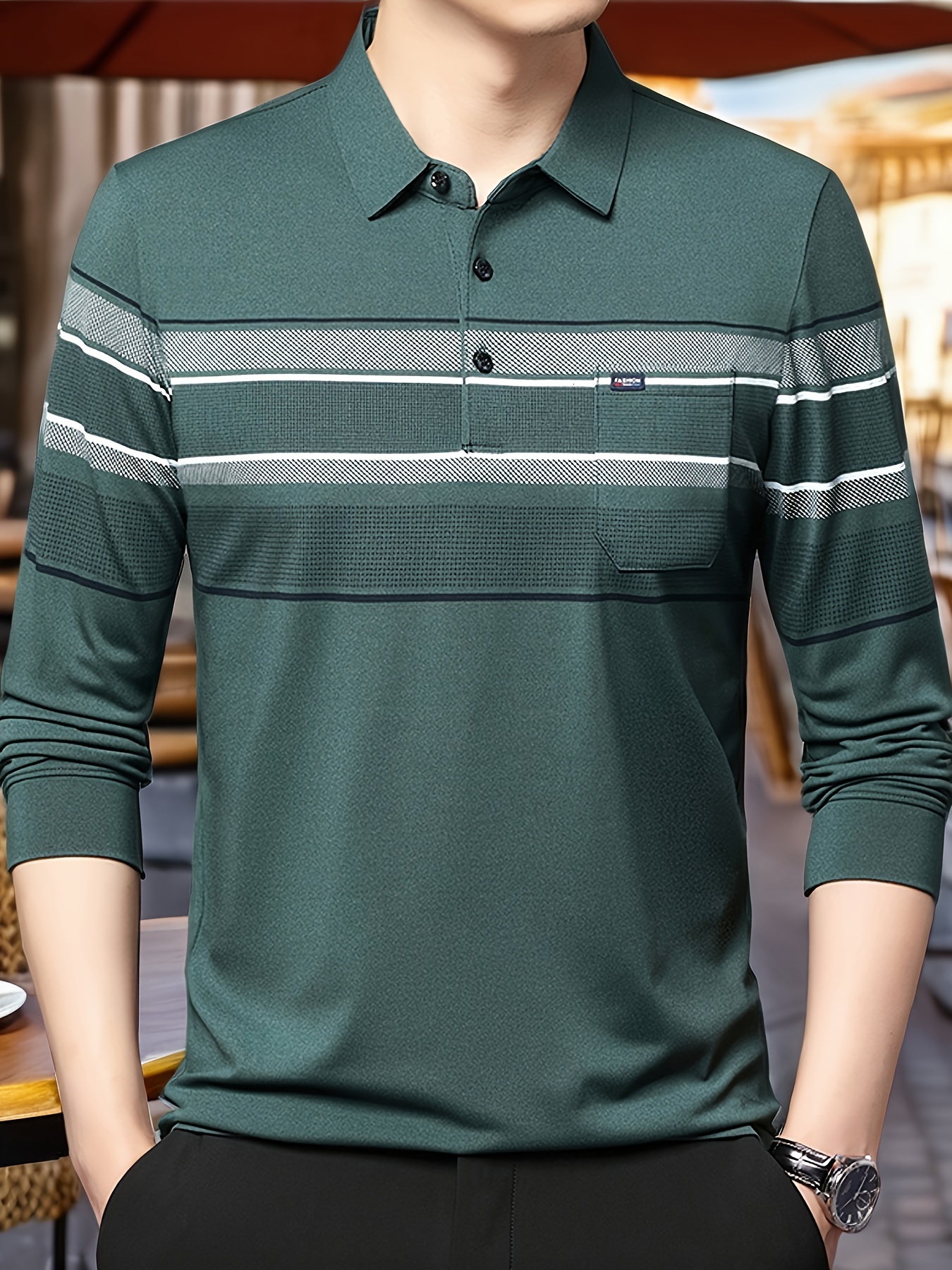 Designer New spring and autumn knitted fabric striped print polo shirt with a chest pocket fashionable long sleeved men's style fe