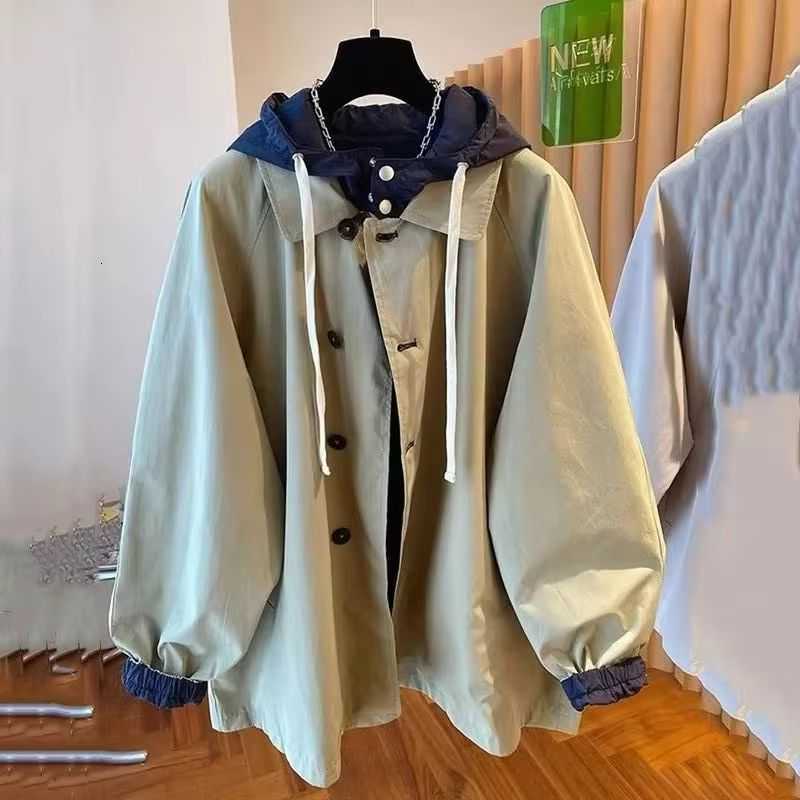 Women Spring Autumn Fake Two-Piece Fashion 2025 New Fashion Casual Hooded Windbreaker Female Loose Ladies Outerwear Tops D260909