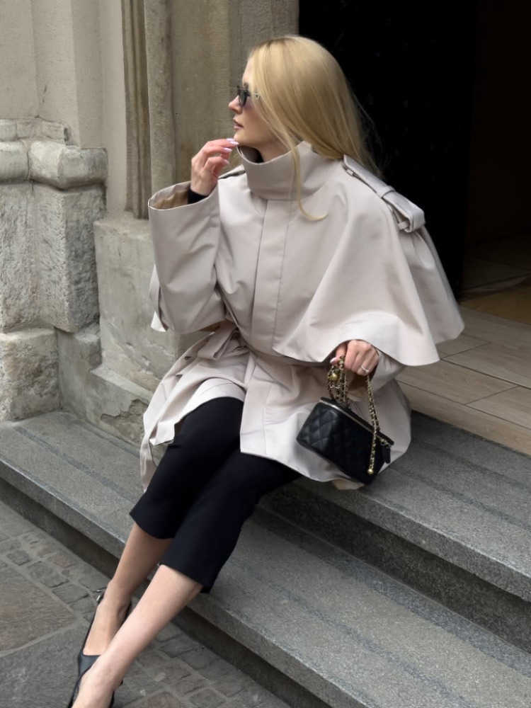 With Belted Lace Up Cape-collar Mid-length Trench Coat Women's Long Sleeve Waist-cinching Lady Autumn Casual Outfits 2026 D260909