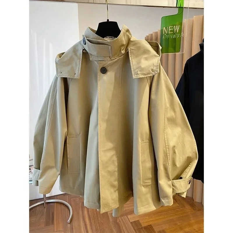 Sleeve Long American Hooded Vintage Trench Women Casual Wide-Waisted Zipper Utility Style Coat Button Patchwork 2025 Autumn D260909