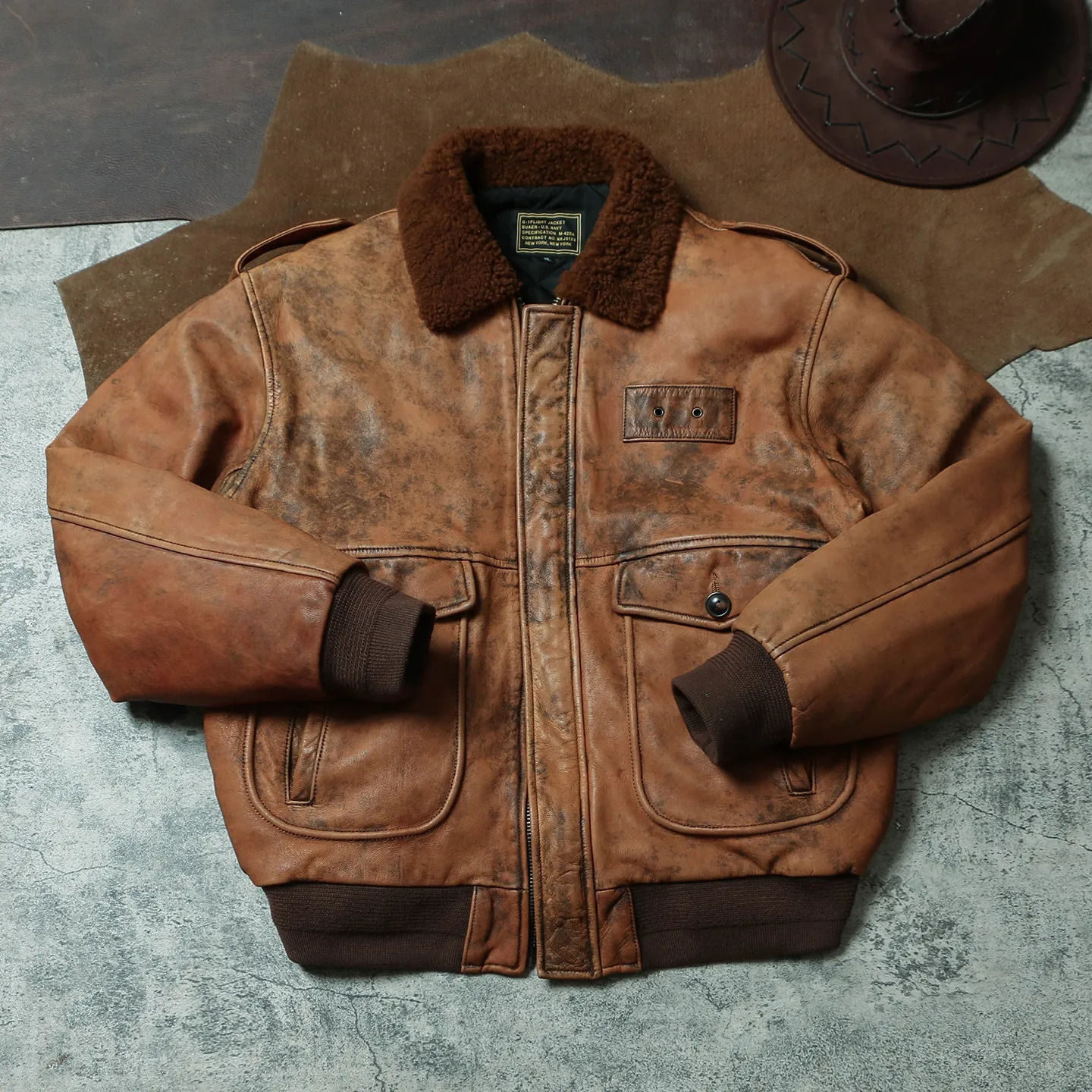 Winter Vintage G1 Leather Jacket Distressed Goatskin Flight Men's Quilted Tan Brown Genuine Coat 260902