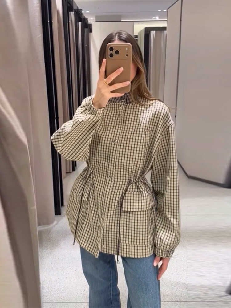 Belted Collar Plaid Waist Stand Oversized Long Sleeve Cuffed Hem 2026 Spring Chic Women Outerwear Trendy Sweet Lady Coat D260909