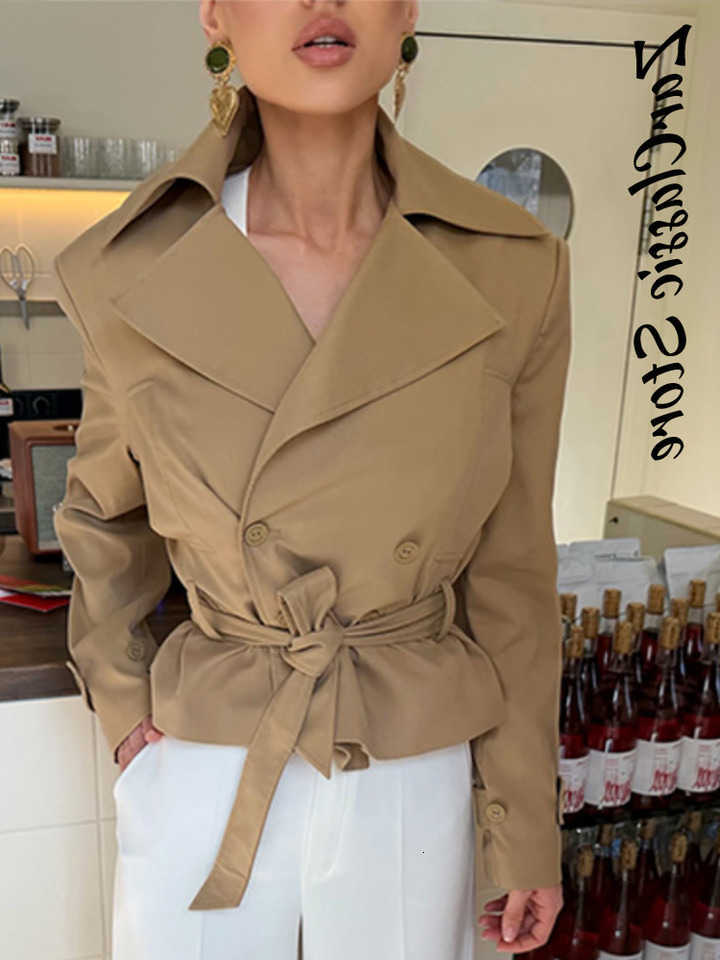 Khaki Windbreaker Autumn Elegant Women's Tie Waist Double Breasted Cropped Jackets Lady New Casual Chic Commute Outwear 2026 D260909