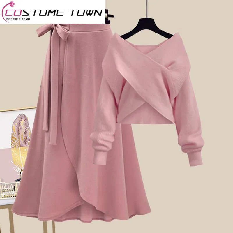 Spring/Summer Set Women's Large Women's Korean Slim Cross Sweater High Waist Half Skirt Two Piece Set Fashion 260909