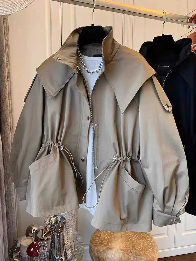Women's Korean Street Casual Waist Short Trench Coat Loose Utility Spring Autumn 2025 Fashion Outerwear D260909