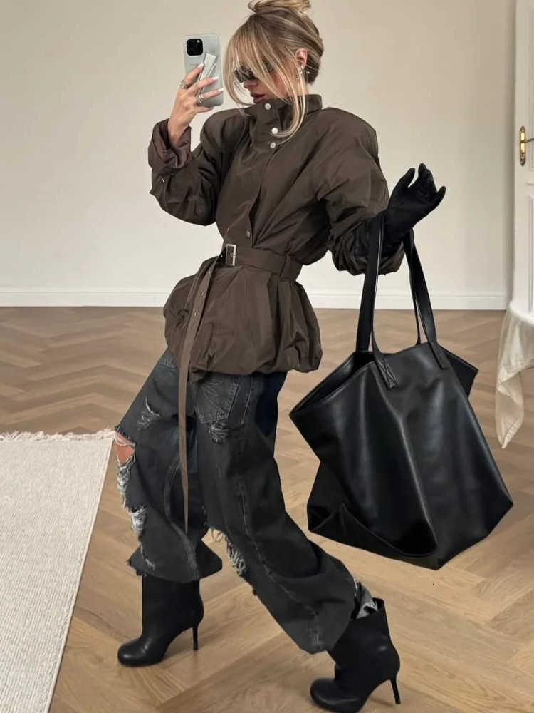 High Neck Button Windbreaker Brown Vintage Belted Adjustable Ruched Coat Women's Casual Daily Fashion Commute Outerwear D260909