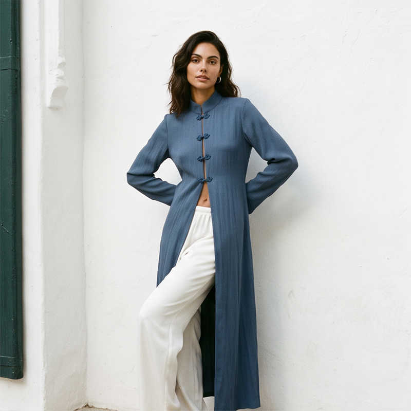 Stand Women Oriental Frog Button Collar Long Tunic Coat Long Sleeve Open Front Loose Casual Solid Ethnic Style Maxi Outer D260909