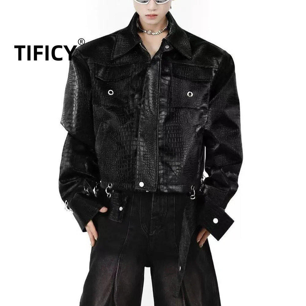 TIFICY Patterned Shoulder Pad PU Leather Jacket Men's Patchwork n Highend Black Jackets Top Men Clothing 260902