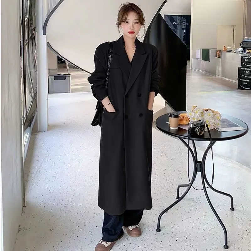Blazer Autumn Long Coffee Flowy Coat Women with Back High Slit Double Breasted Loose Casual Korean Fashion Overcoat 2025 D260909