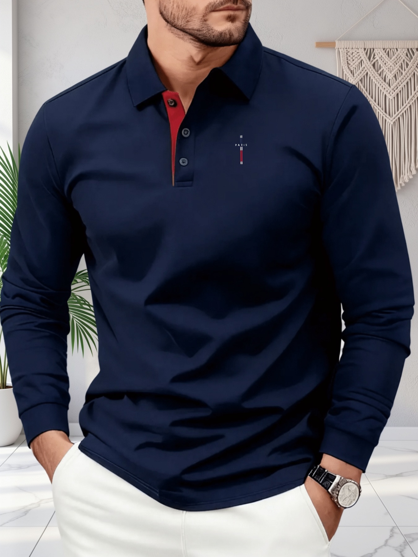 Designer Paris pattern men's new fashion Henley T gentleman's logo printed stylish long sleeve golf polo shirt comfortable and breathable