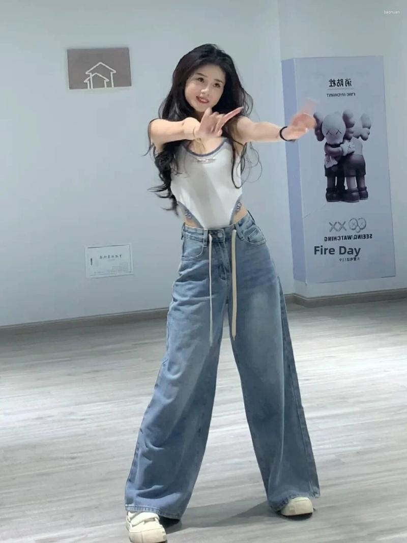 Jeans da donna Retro larghi casual con coulisse Denim Autunno Inverno Vita alta Sentimenti dimagranti Trascinare pantaloni a gamba larga 76