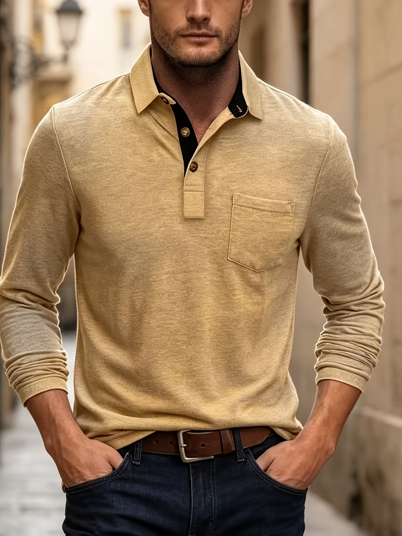Designer 2026 new men's long sleeve shirt with a classic collar solid color casual polo top 8c