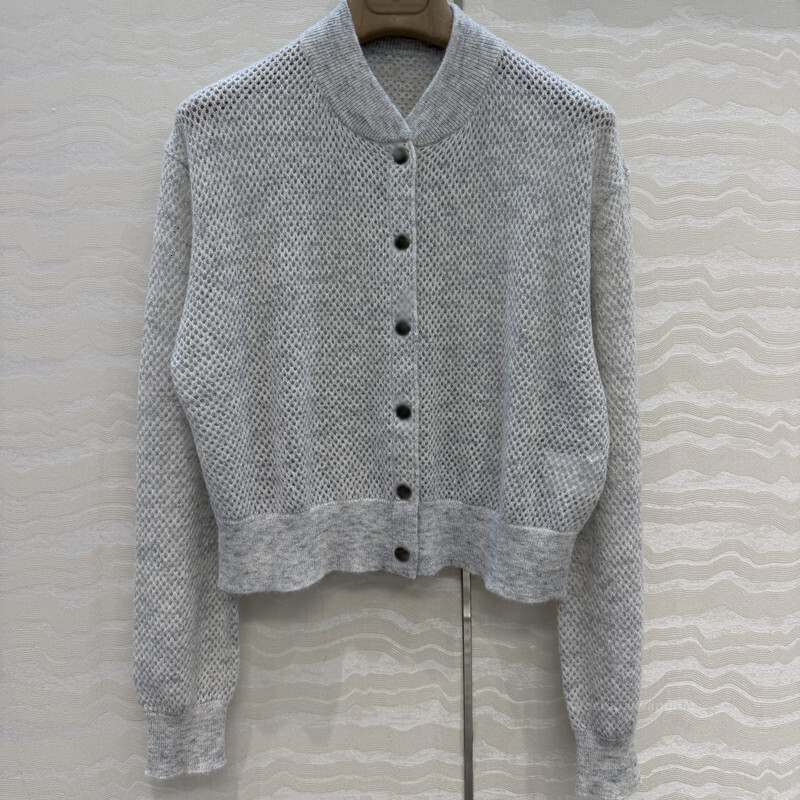 Designer Gray Hollow Mesh Baseball Collar Knitted Cardigan, Casual Old Money Style, Slimming And Versatile Long-Sleeve Top c2c9