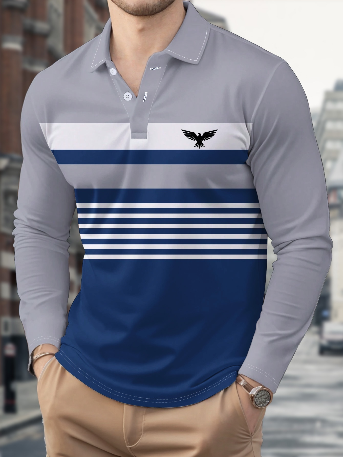 Designer Men's long sleeve POLO casual 3D printed golf shirt navy blue gray and white striped design with eagle pattern sporty style f4