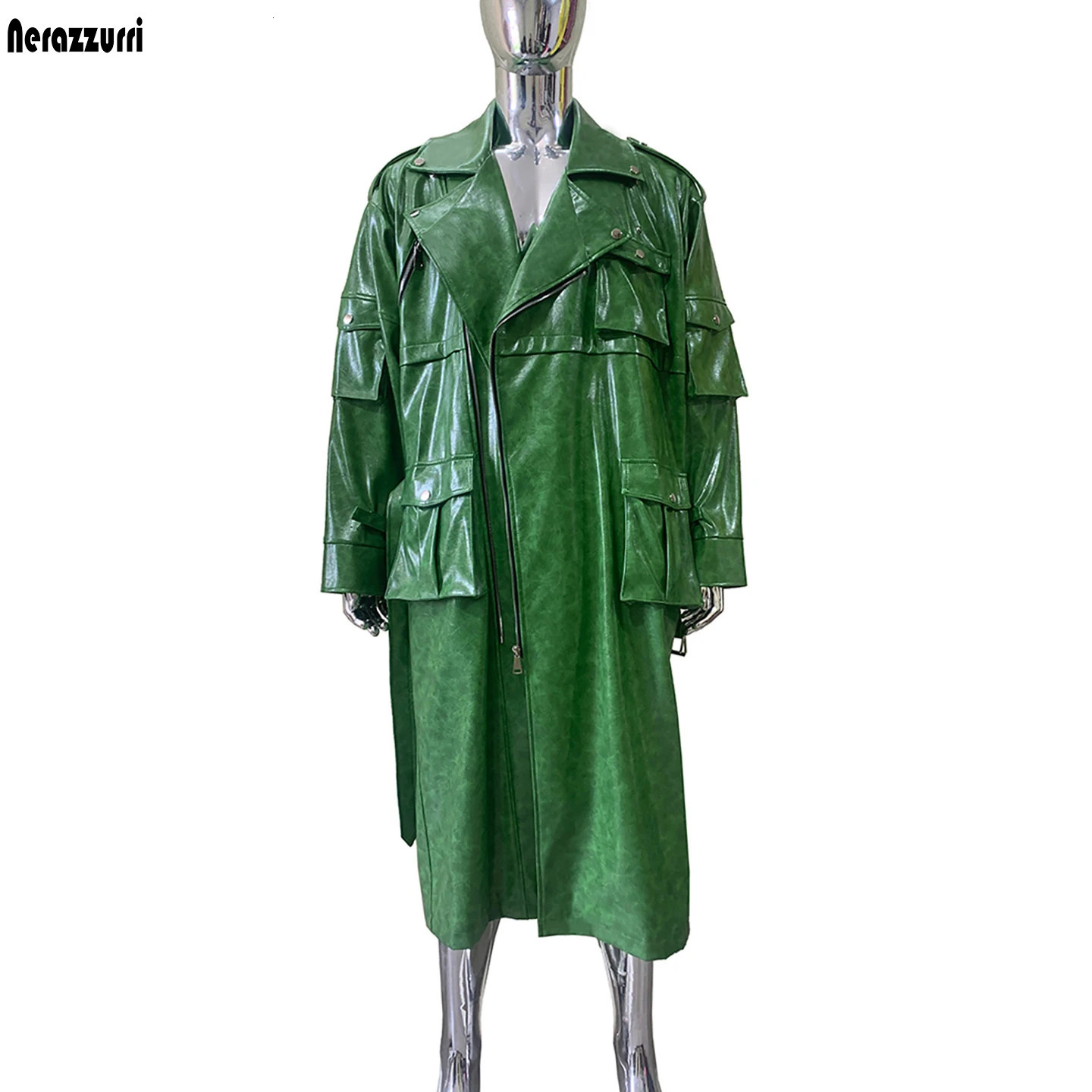 Nerazzurri Spring Autumn Long Green Oversized Pu Leather Coat Men with 3D Pocket y ner Emo Clothes Menswear Streetwear 260902
