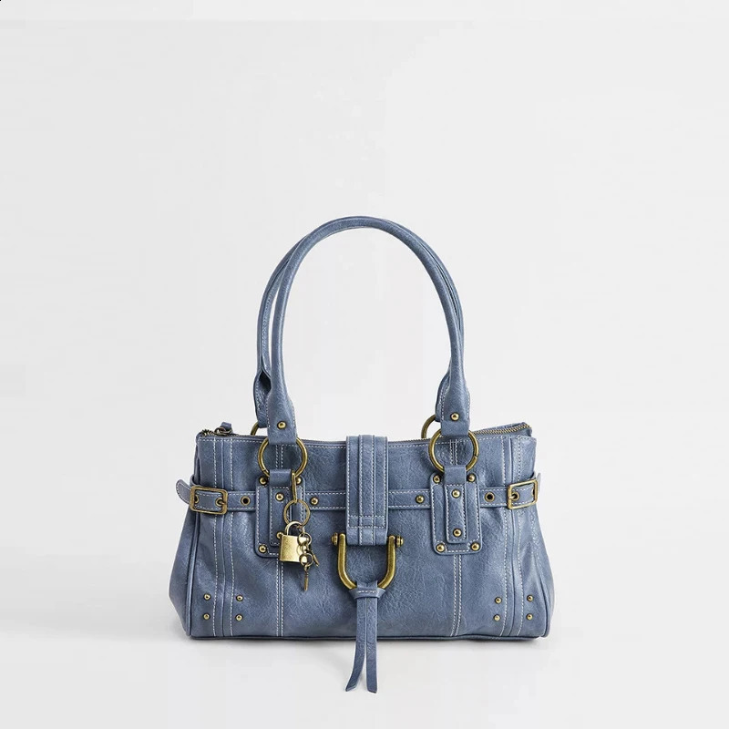 Y2k Vintage Women PU Stylish Tote Bag Lock Rivet Large Capacity Shoulder Bag Zippered Buckle Commute Travel Motorcycle Handbag 260908 17
