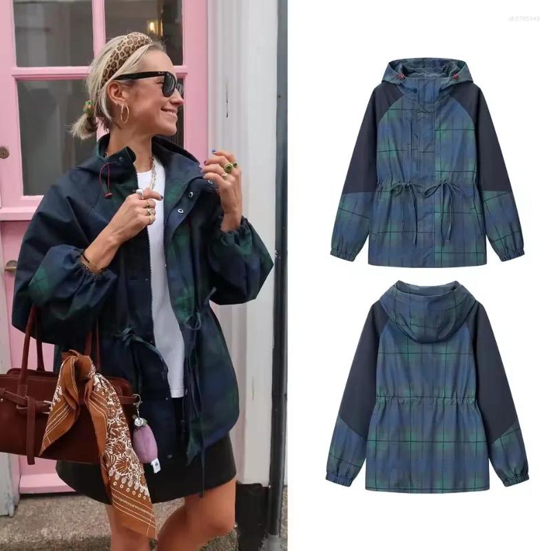 Oversize Loose Hooded Denim Shirt Jacket Women Long Sleeve Coat Contrast Color Drawstring Waist Plaid Windbreaker