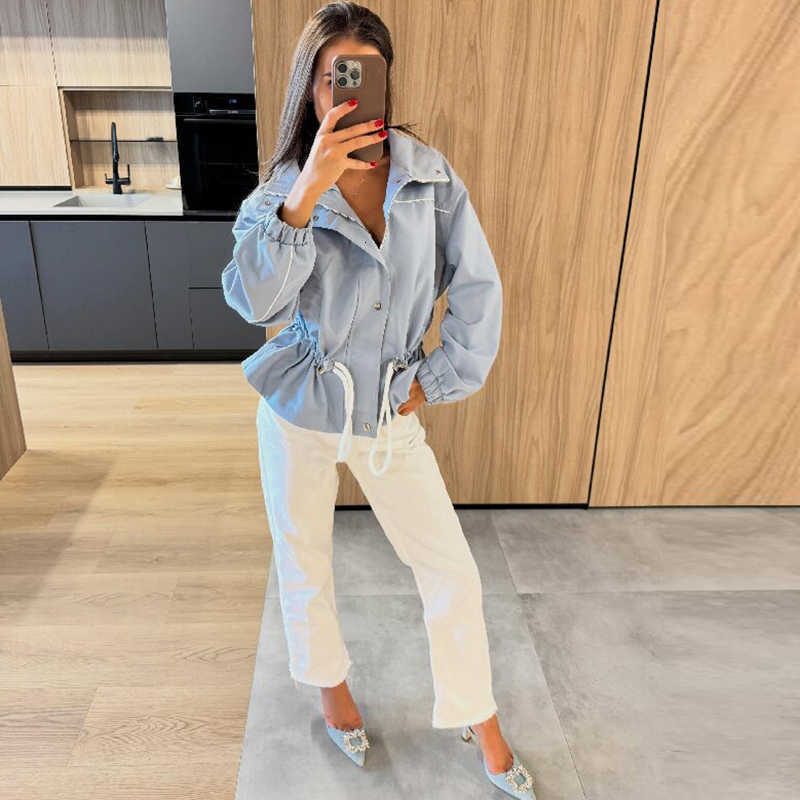 Cropped Waist Women Lapel Long Sleeve Elastic Cuff Zipper Pocket Loose Casual Cozy Windbreaker Outerwear Coat D260909