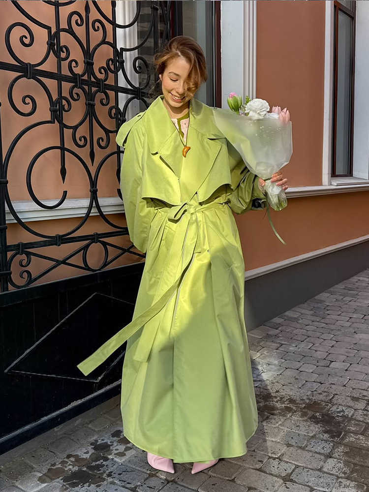 Coat Fashion Loose Green Lapel Chic Women Lace-up Detail Long Sleeve Casual Lady New Commuting Street Windbreakers 2026 D260909