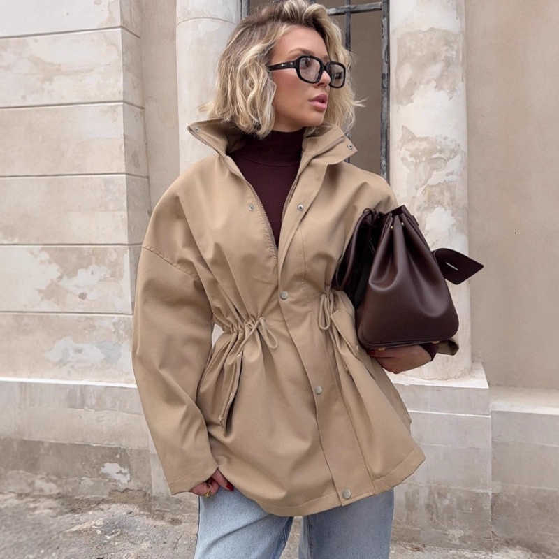 Mid-Length Waist-closing TARUXY Coat Fashion Women's Loose Draw High Collar Zipper Solid Splicing Lady Autumn Casual Wear D260909