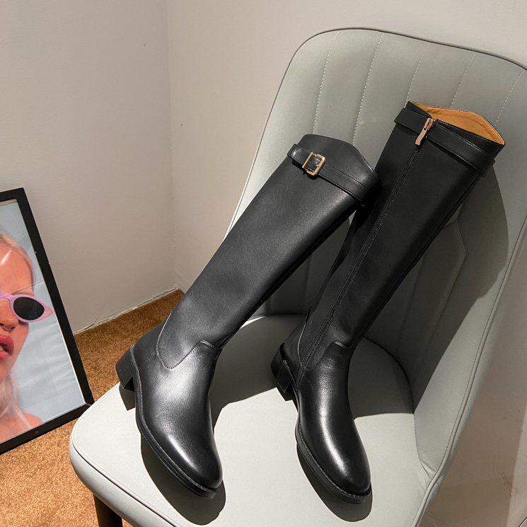 Women Thick Sole Fleece Lined Knee High Boots 2026s Winter Designer New Style Slant Mouth Buckle Strap Fashion Trendy Rider Boots Black Brown Free S