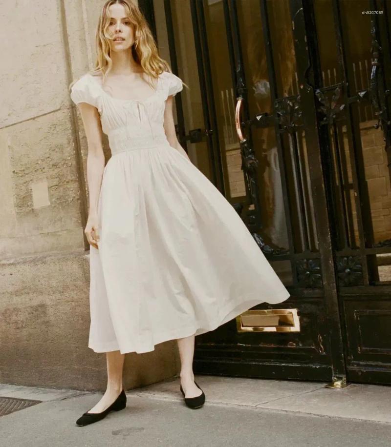 Casual Dresses DOEN Quinn Drawstring Bubble Sleeve Long Dress Round Neck Maxi Skirt High Waist A-Line Summer Zipper Closure