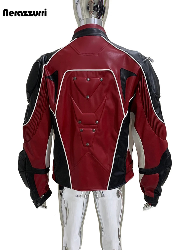 Nerazzurri Autumn Winter Short Color Block Pu Leather Racer Jacket Men Shoulder Pads Rivet Zipper y ner Clothes 2025 260902