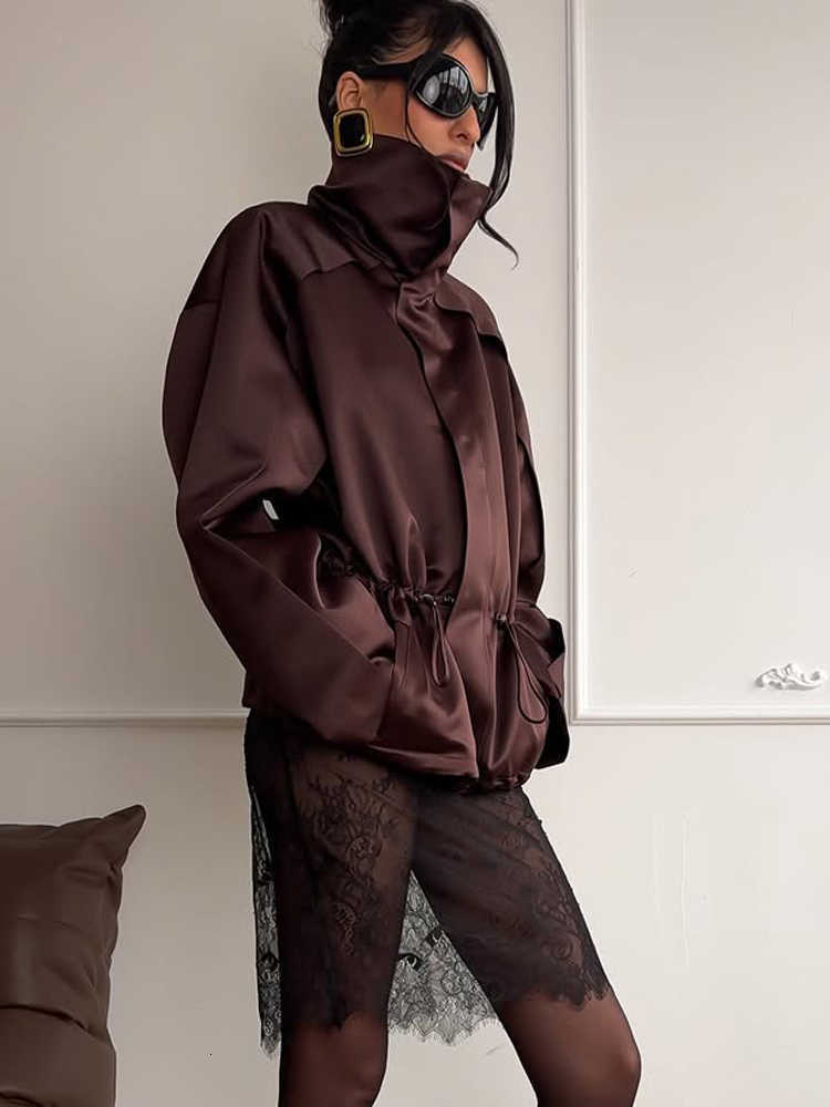 Satin Elegant Women High Neck Long Sleeve Cinched Waist Loose Fit 2026 New Lady Spring Daily Casual Outerwear D260909