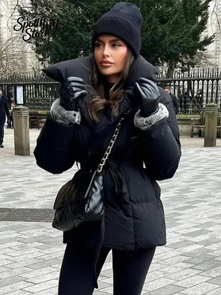 Solid Lace Up Cotton Coat Women Fashion Lapel Long Sleeve Pocket Warm Loose Short Jacket Lady Winter Commute Street Outwears 260909